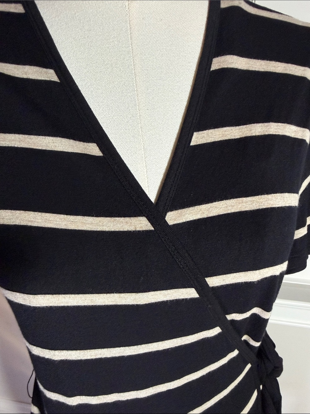 Black & Cream Striped Wrap Dress - Classic V-Neck - Picture 2 of 4